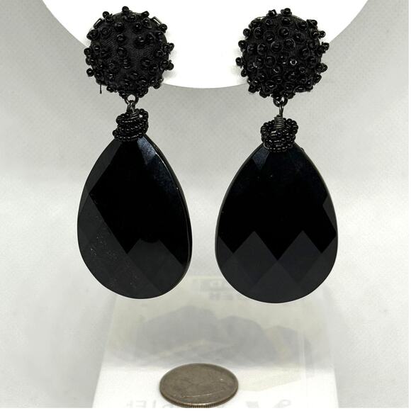 Chico’s Black Rhinestone Teardrop Clip-On Earrings 3.12” Statement Vintage - Picture 1 of 3